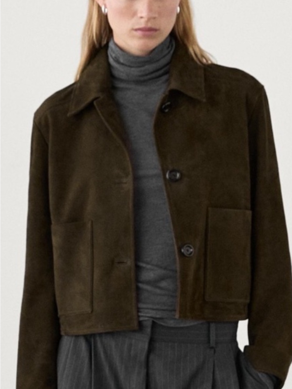 Massimo Dutti Dark Olive Suede Cropped Jacket